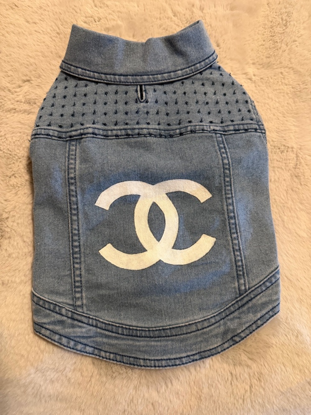Designer-Inspired Light Blue Denim Dog Jacket with White Logo